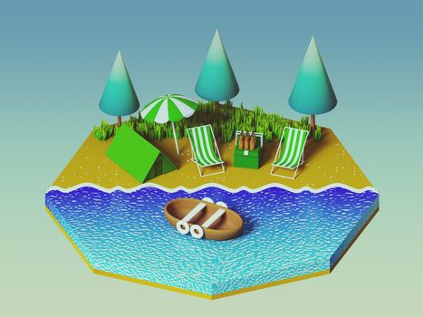 Isometric camping on the beach