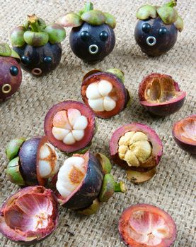 Amazing background with funny idea, impersonation, mangosteen with worried, anxious, humorous face, contrast among beauty look with rotten insside