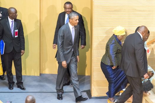 Addis Ababa - July 28: President Obama enters the Nelson Mandela Hall of the AU Conference Centre, to deliver a keynote speech to the African continent and its leaders, on July 28, 2015, at the in Addis Ababa, Ethiopia.