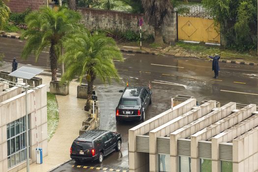 Addis Ababa - July 28: President Obama leaves the African Union Commission in his presidential car, on July 28, 2015, at the Nelson Mandela Hall of the AU Conference Centre in Addis Ababa, Ethiopia.