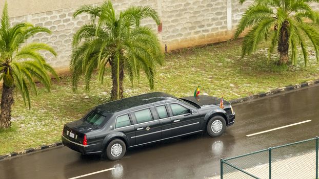 Addis Ababa - July 28: President Obama leaves the African Union Commission in his presidential car, on July 28, 2015, at the Nelson Mandela Hall of the AU Conference Centre in Addis Ababa, Ethiopia.