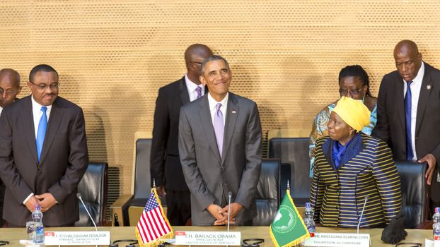 Addis Ababa - July 28: President Obama, Prime Minister Hailemariam Desalegn, and Dr. Dlamini Zuma, take their designated seats at the Nelson Mandela Hall of the AU Conference Centre, on July 28, 2015, in Addis Ababa, Ethiopia.