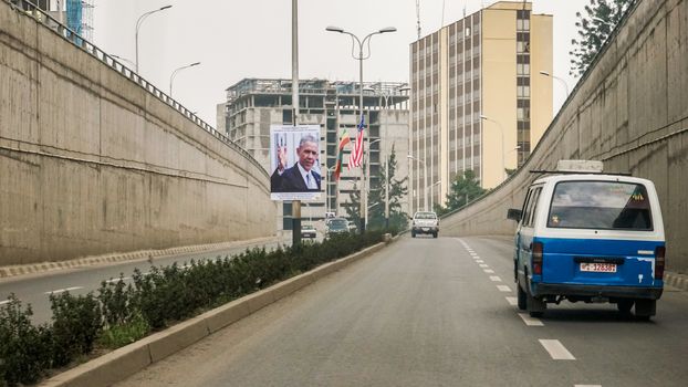 Addis Ababa - July 26: US Flags and pictures of President Barak Obama were posted on the streets of Addis Ababa, in preparation for Obama's historic visit to the country on on July 26, 2015, in Addis Ababa, Ethiopia.