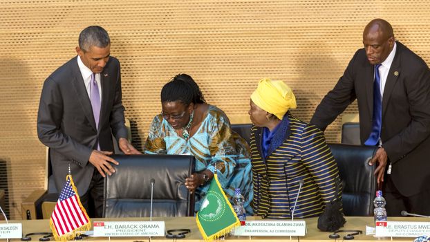 Addis Ababa - July 28: President Obama and Dr. Dlamini Zuma, take their designated seats at the Nelson Mandela Hall of the AU Conference Centre, on July 28, 2015, in Addis Ababa, Ethiopia.