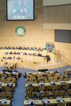 Addis Ababa - July 28: President Obama delivers a keynote speech to the African continent and its leaders, on July 28, 2015, at the Nelson Mandela Hall of the AU Conference Centre in Addis Ababa, Ethiopia.