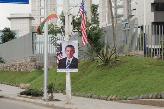 Addis Ababa - July 26: US Flags and pictures of President Barak Obama were posted on the streets of Addis Ababa, in preparation for Obama's historic visit to the country on on July 26, 2015, in Addis Ababa, Ethiopia.