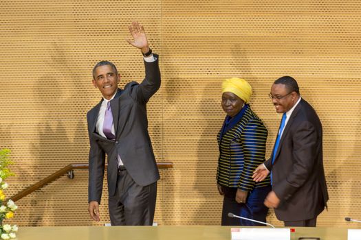 Addis Ababa - July 28: President Obama waves to the enthusiastic crowd attending his speech, on July 28, 2015, at the Nelson Mandela Hall of the AU Conference Centre in Addis Ababa, Ethiopia.