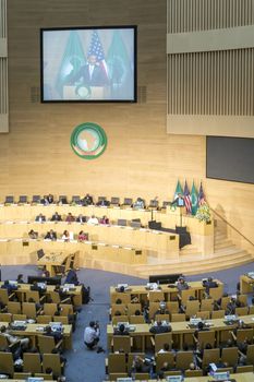 Addis Ababa - July 28: President Obama delivers a keynote speech to the African continent and its leaders, on July 28, 2015, at the Nelson Mandela Hall of the AU Conference Centre in Addis Ababa, Ethiopia.