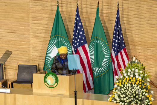 Addis Ababa - July 28: H.E. Dr. Dlamini Zuma, Chairperson of the AUC, delivers a keynote speech at the Nelson Mandela Hall of the AU Conference Centre, on July 28, 2015, in Addis Ababa, Ethiopia.