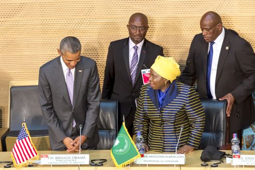 Addis Ababa - July 28: President Obama and Dr. Dlamini Zuma, take their designated seats at the Nelson Mandela Hall of the AU Conference Centre, on July 28, 2015, in Addis Ababa, Ethiopia.