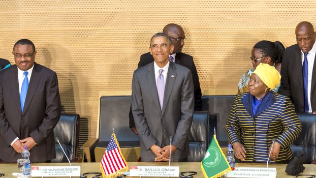 Addis Ababa - July 28: President Obama, Prime Minister Hailemariam Desalegn, and Dr. Dlamini Zuma, take their designated seats at the Nelson Mandela Hall of the AU Conference Centre, on July 28, 2015, in Addis Ababa, Ethiopia.