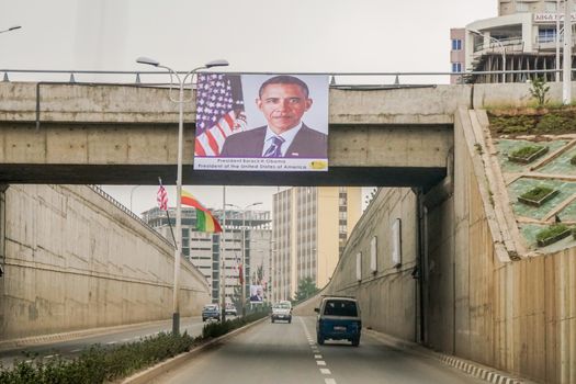 Addis Ababa - July 26: US Flags and pictures of President Barak Obama were posted on the streets of Addis Ababa, in preparation for Obama's historic visit to the country on on July 26, 2015, in Addis Ababa, Ethiopia.