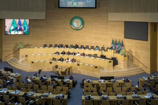 Addis Ababa - July 28: President Obama delivers a keynote speech to the African continent and its leaders, on July 28, 2015, at the Nelson Mandela Hall of the AU Conference Centre in Addis Ababa, Ethiopia.