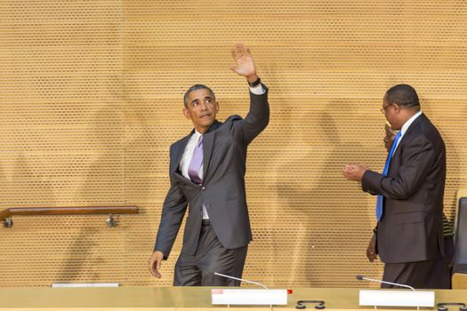 Addis Ababa - July 28: President Obama waves to the enthusiastic crowd attending his speech, on July 28, 2015, at the Nelson Mandela Hall of the AU Conference Centre in Addis Ababa, Ethiopia.