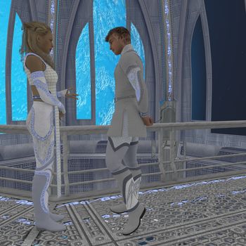 A couple that live and work on Earth's space station engage in a deep discussion.