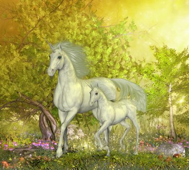 A white mother unicorn leads her colt through the magical forest full of spring flowers.