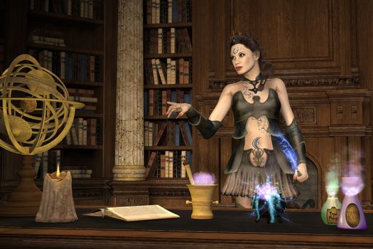 A powerful witch talks to her protegee as she brews a magical potion to use in a spell.