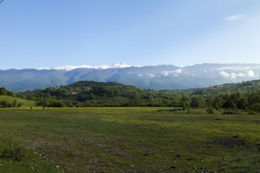 Mountains are covered with snow and the wood and surrounded with clouds