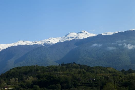 Mountains are covered with snow and the wood and surrounded with clouds