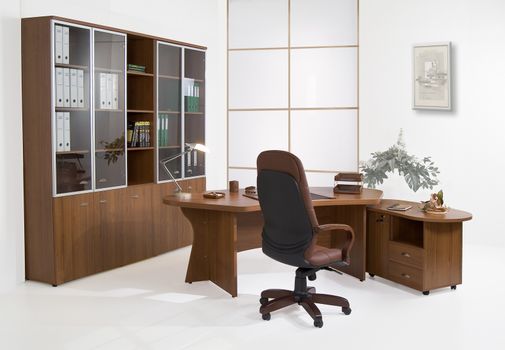 Set of office furniture on isolated studio background