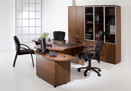 Set of office furniture on isolated studio background