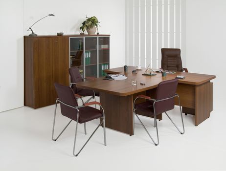 Set of office furniture on isolated studio background