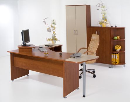 Set of office furniture on isolated studio background