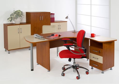 Set of office furniture on isolated studio background