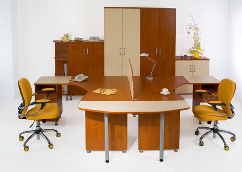 Set of office furniture on isolated studio background