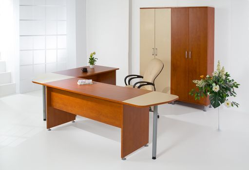 Set of office furniture on isolated studio background