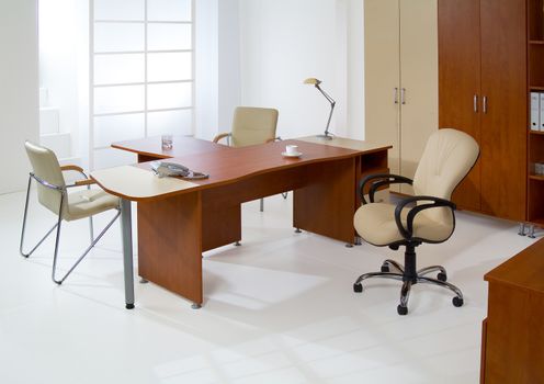 Set of office furniture on isolated studio background