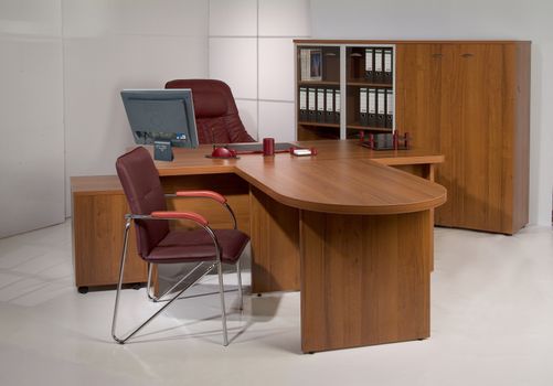 Set of office furniture on isolated studio background