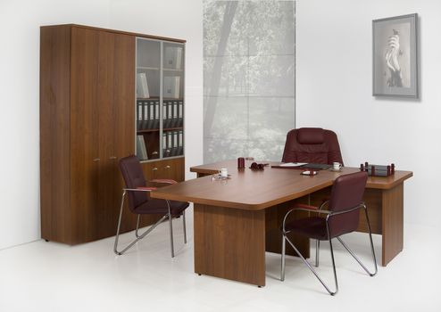 Set of office furniture on isolated studio background