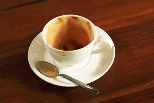 Empty used coffee cup on wooden table