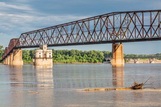 The Old Chain of Rocks bridge and historic water (intake) tower on the Mississippi River near St Louis