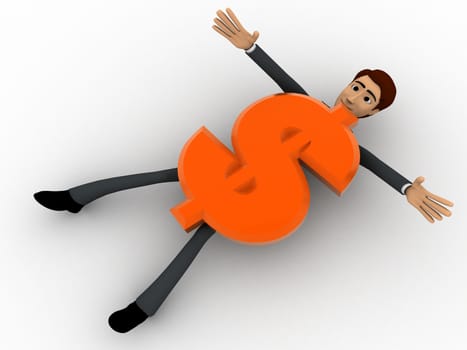 3d man crushed under dollar symbol concept on white background, top angle view