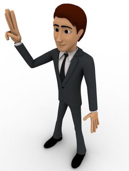 3d man showing three finguress to others concept on white background, side angle view