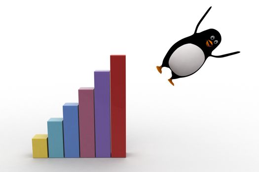 3d pengiun jumping from bar graph concept on white background, front angle view