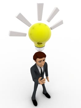 3d man found idea and with yellow bulb concept on white background, top angle view