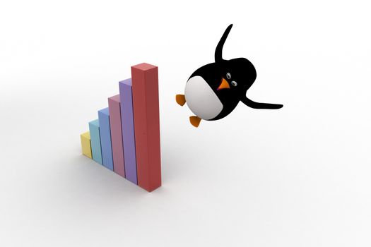 3d pengiun jumping from bar graph concept on white background, side angle view