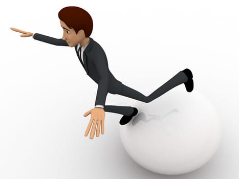 3d man falling from big ball concept on white background, side angle view