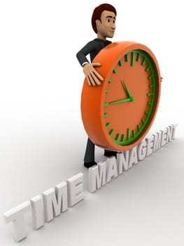 3d man with time management text and clock concept on white background, side angle view