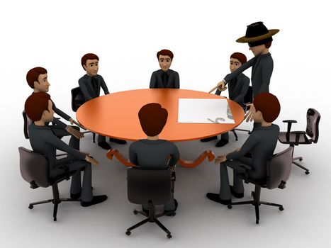 3d man giving presentation in business meeting in zorro constume concept on white background, side angle view