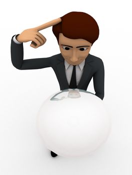 3d man sphere in hands and thinking about it concept on white background, top angle view