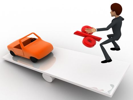 3d man jumping on seesaw with car and percentage symbol on it concept on white background, side angle view