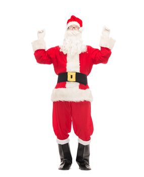 christmas, holidays and people concept - man in costume of santa claus having fun