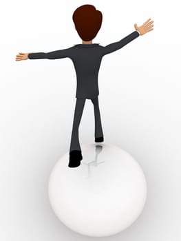 3d man falling from big ball concept on white background,  back angle view