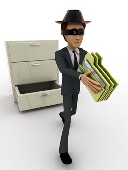 3d man stealing files from drawer concept on white background, front angle view