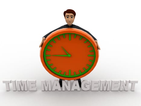 3d man with time management text and clock concept on white background, front angle view