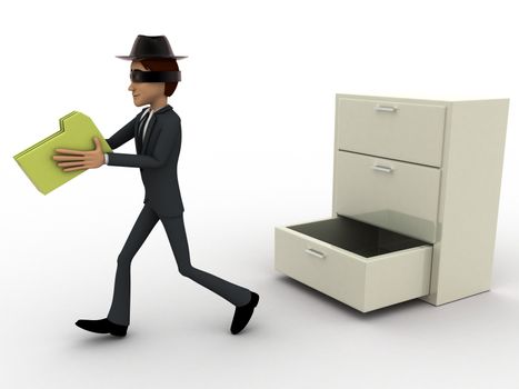 3d man stealing files from drawer concept on white background, side angle view